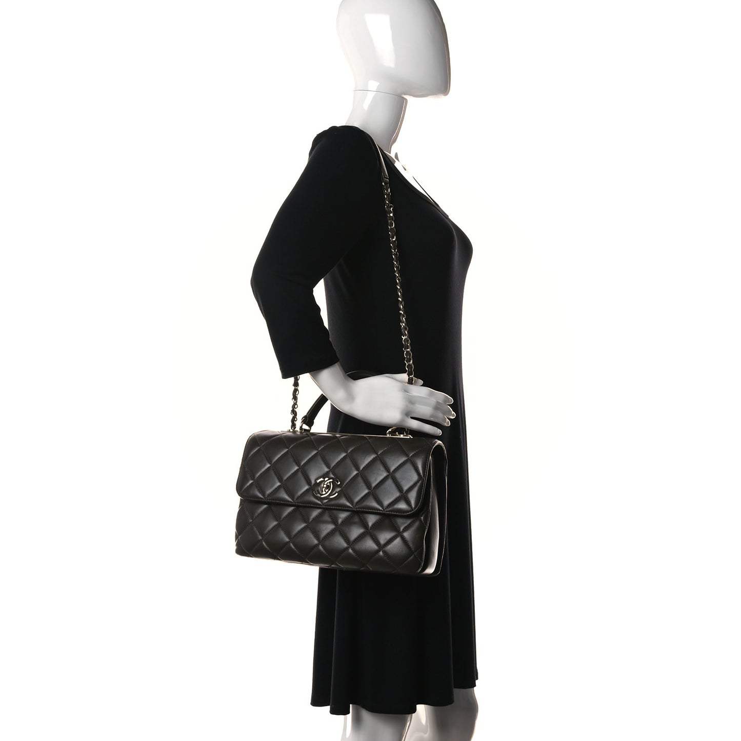 Lambskin Quilted Medium Trendy CC Flap Dual Handle Bag Dark Khaki