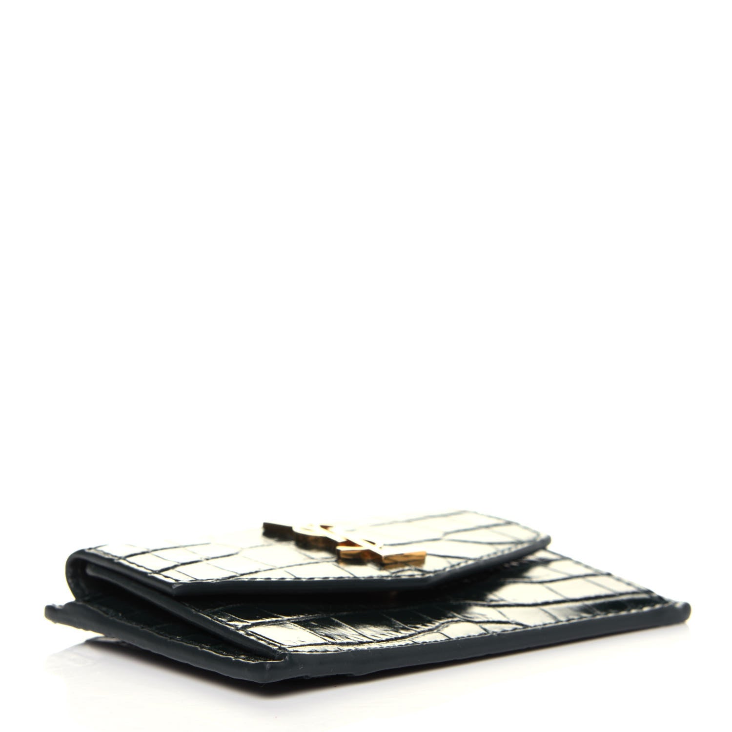 Saint Laurent Calfskin Crocodile Embossed Uptown Monogram Card Case Dark Green 4 of 12