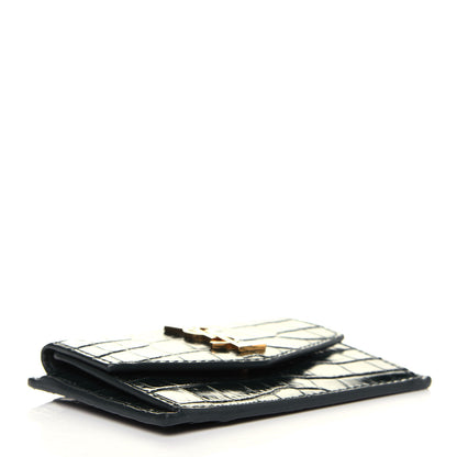 Saint Laurent Calfskin Crocodile Embossed Uptown Monogram Card Case Dark Green 4 of 12