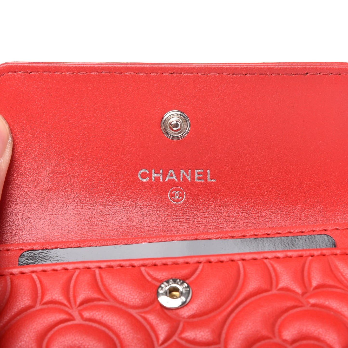 Goatskin Camellia Embossed Card Holder Red