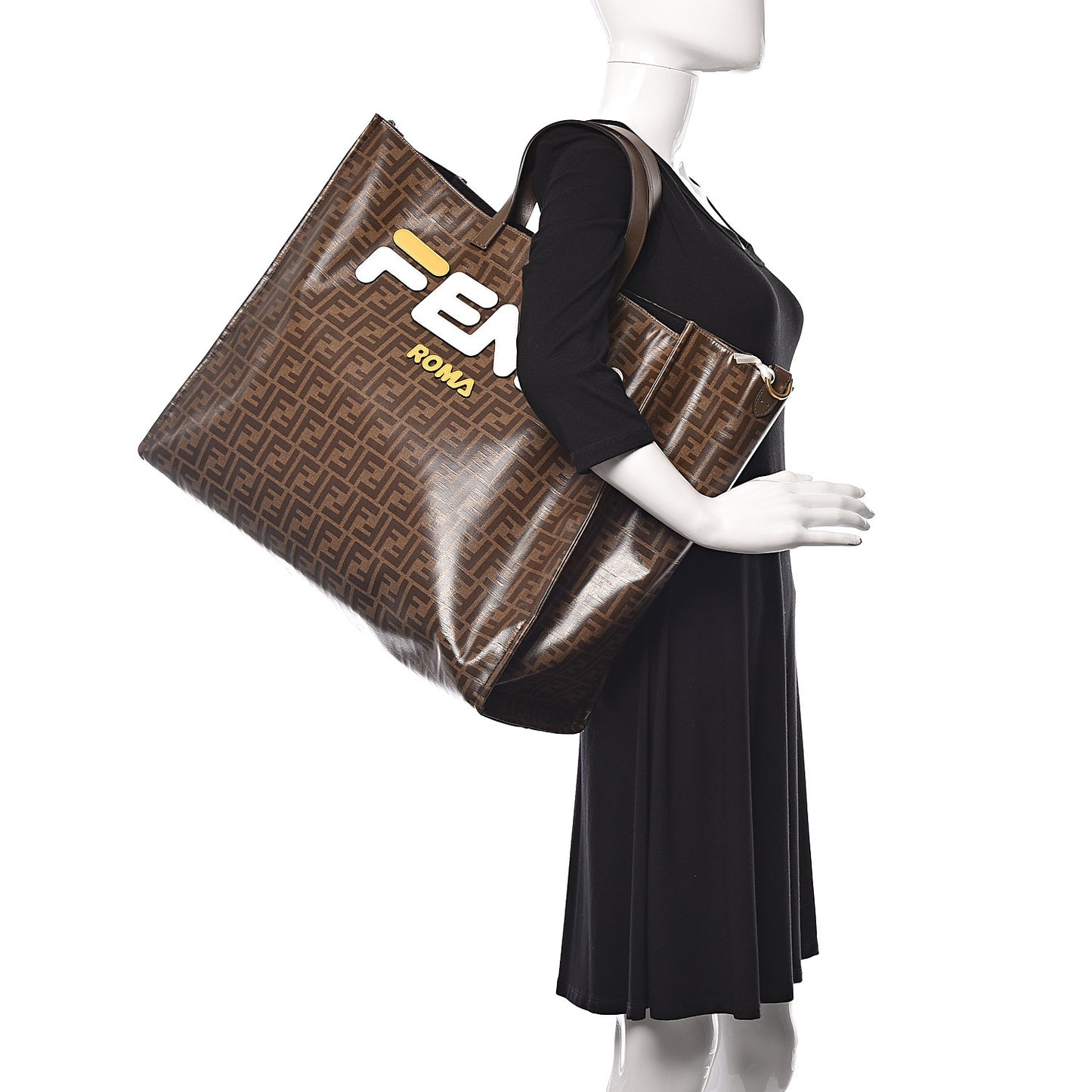 X FILA Glazed Fabric FF 1974 Mania Large Shopping Tote Bag Mogano Panna White