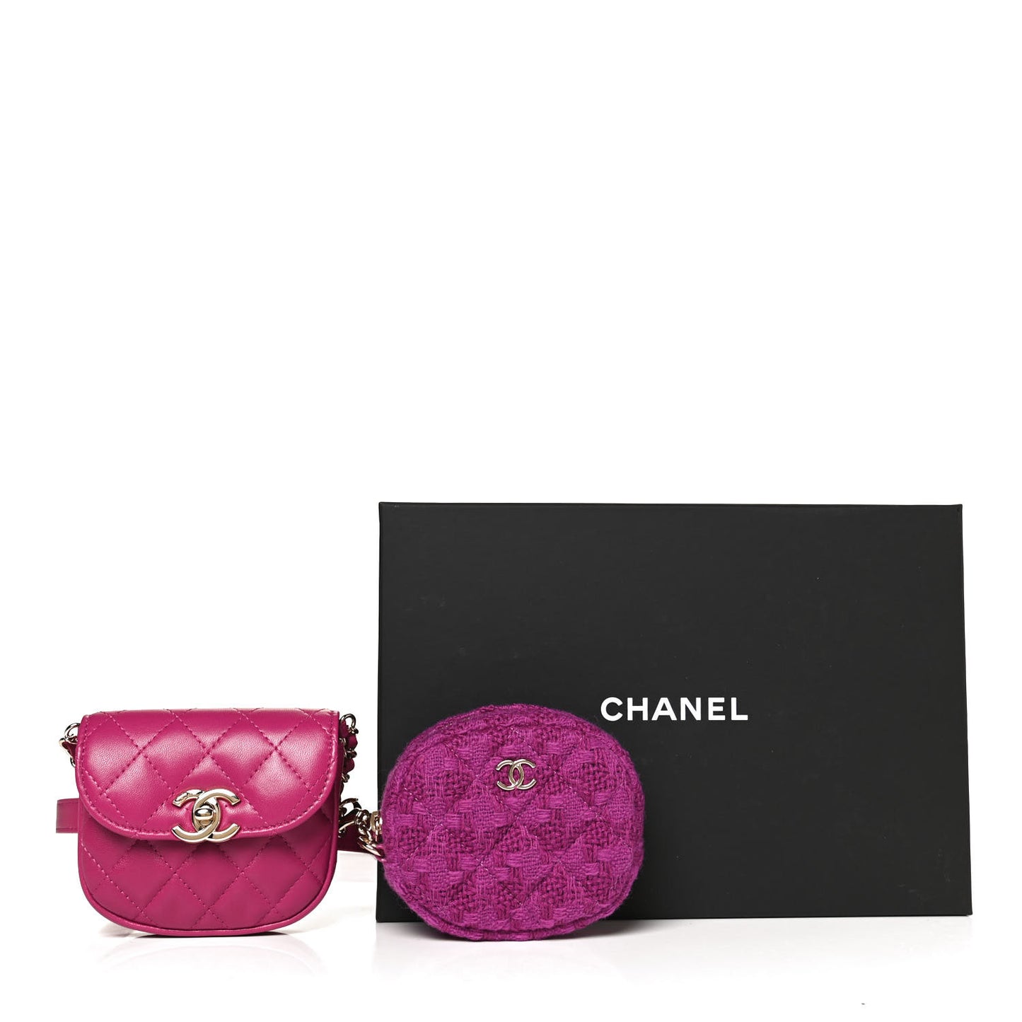 Tweed Lambskin Quilted Waist Bag With Coin Purse Fuchsia