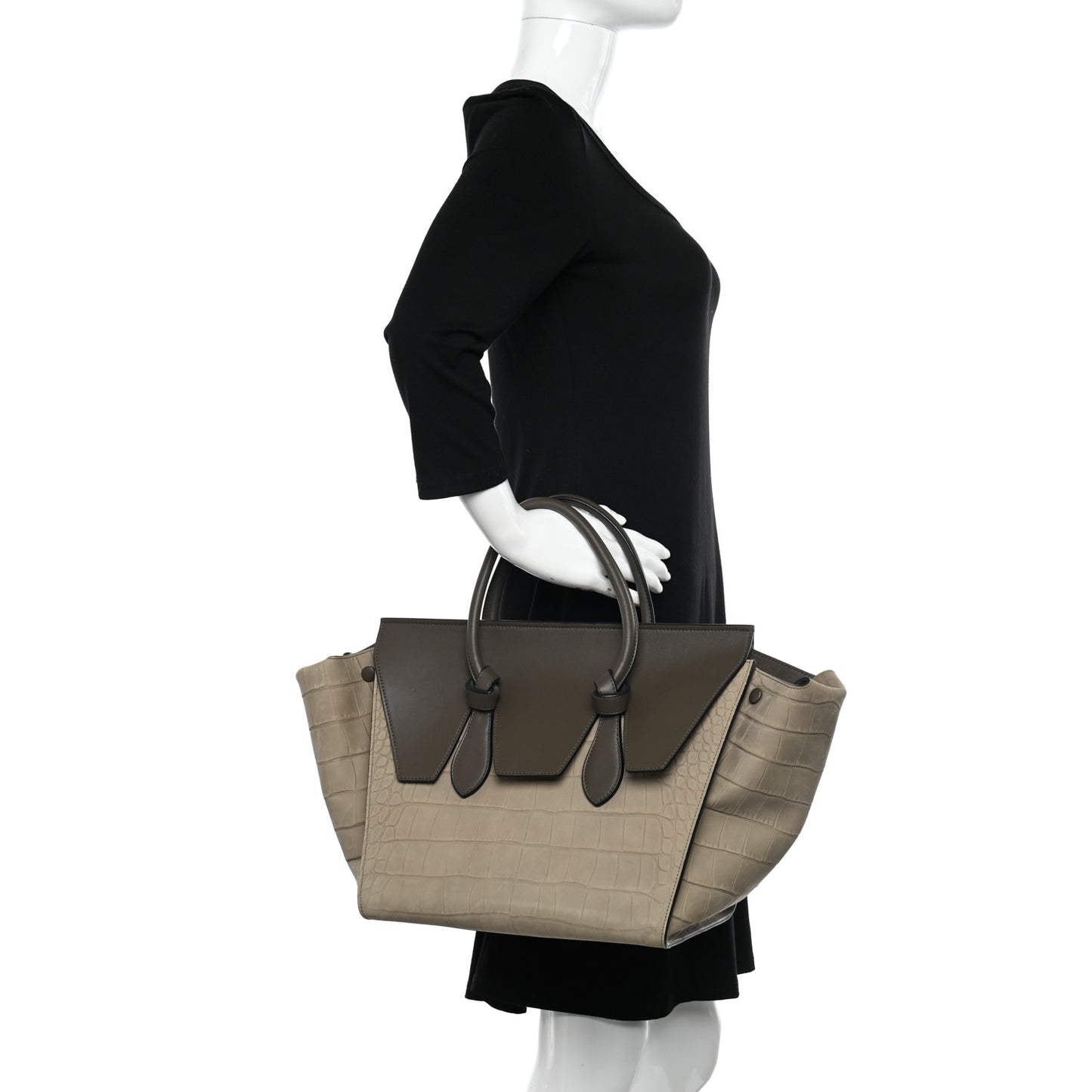 Crocodile Embossed Nubuck Calfskin Small Tie Knot Tote Grey