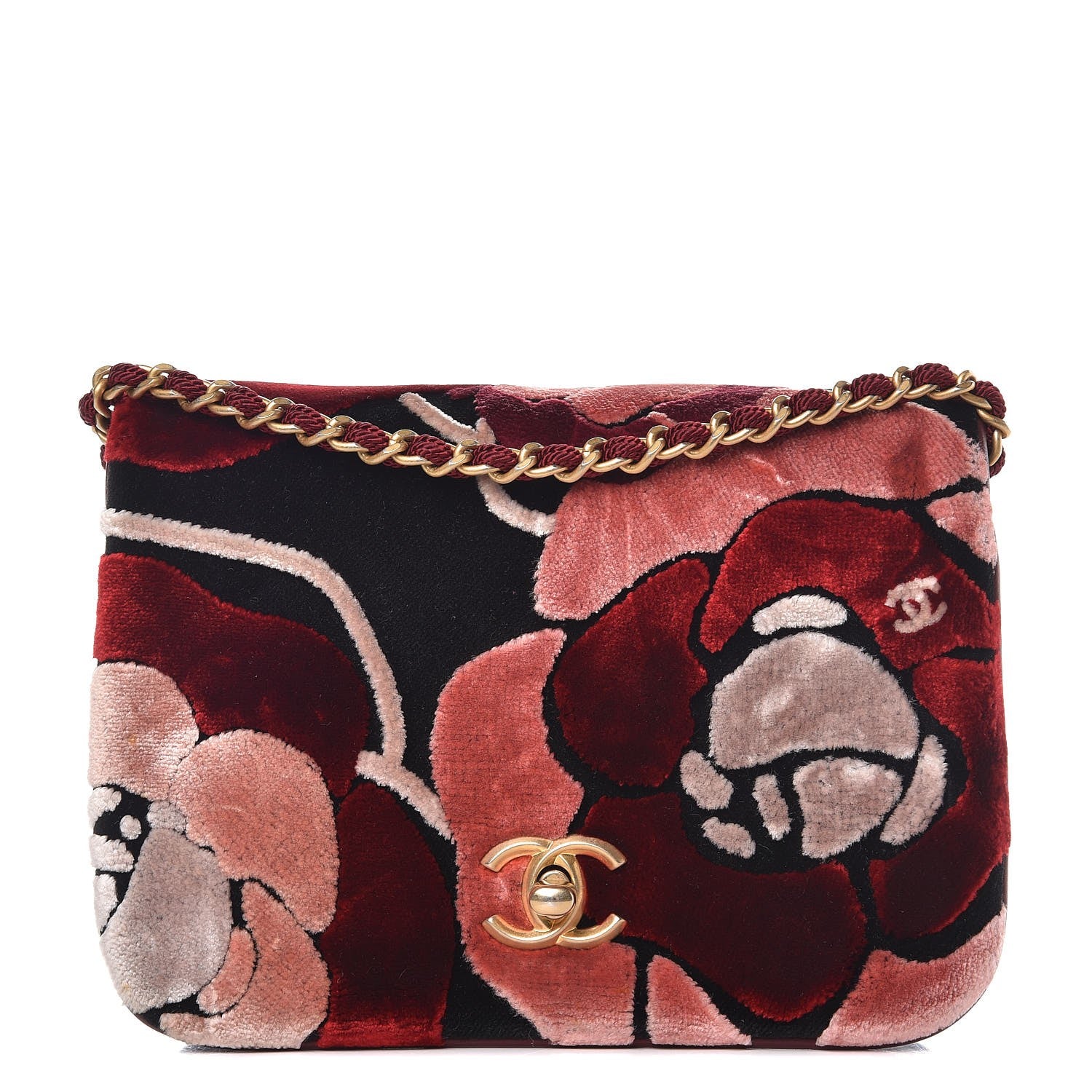 Chanel Velvet Lambskin Mini Camellia Flap Black Burgundy 1 of 8