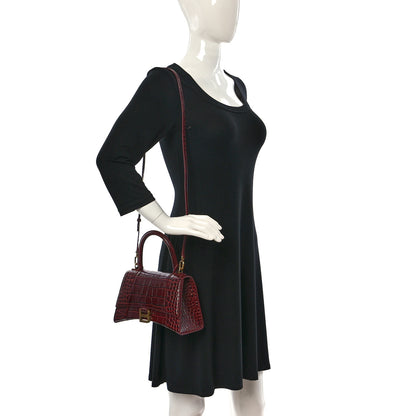 Balenciaga Shiny Calfskin Crocodile Embossed Small Hourglass Top Handle Bag Dark Red 2 of 10