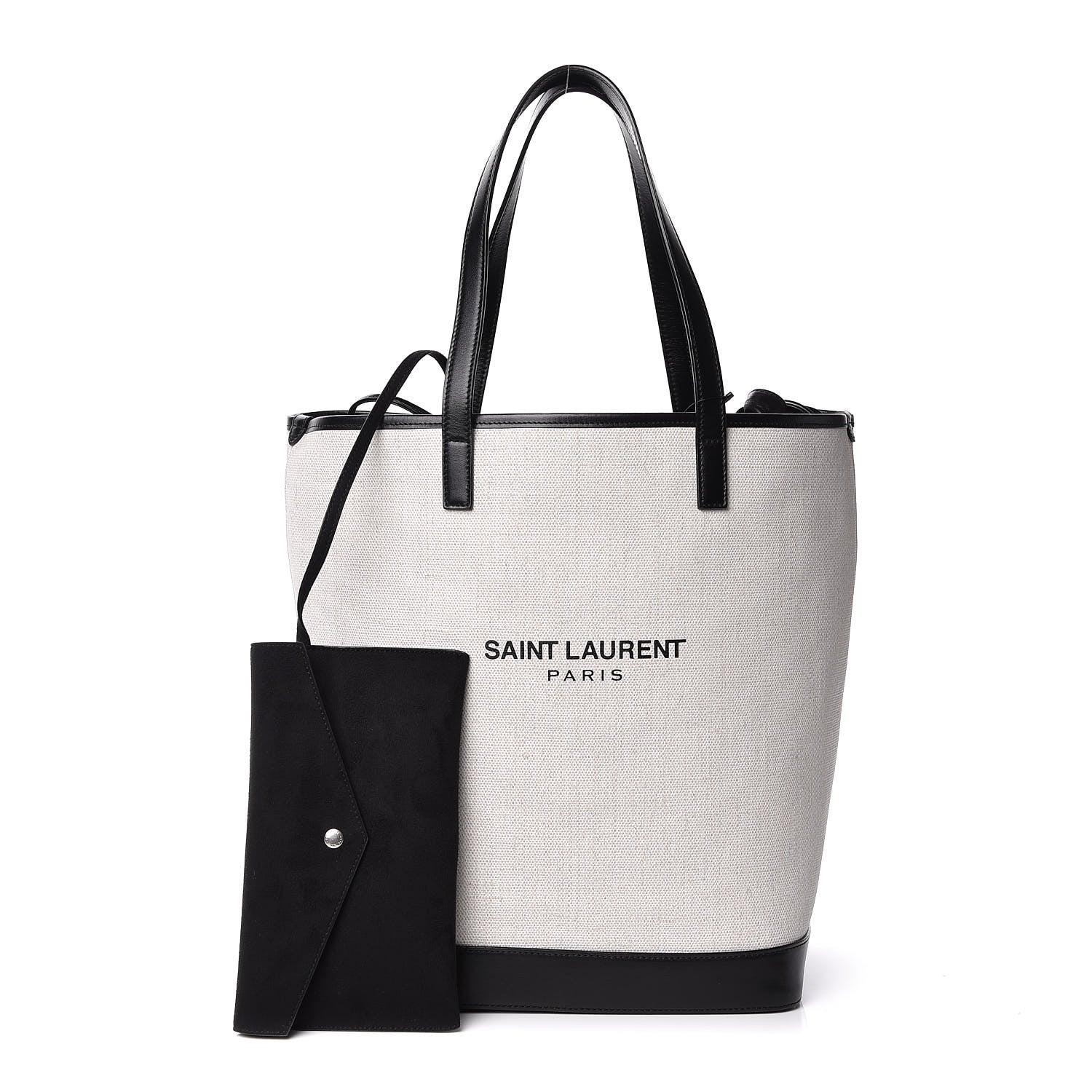 Saint Laurent Canvas Calfskin Teddy Drawstring Shopping Tote White Black 1 of 9