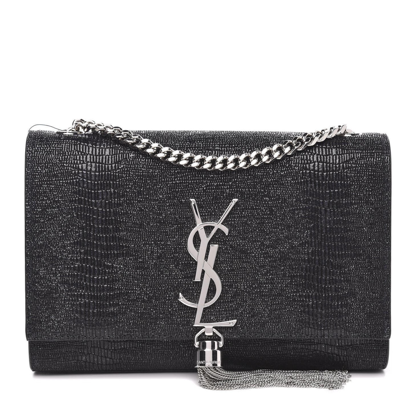 Calfskin Lizard Embossed Small Classic Monogram Kate Tassel Satchel Black