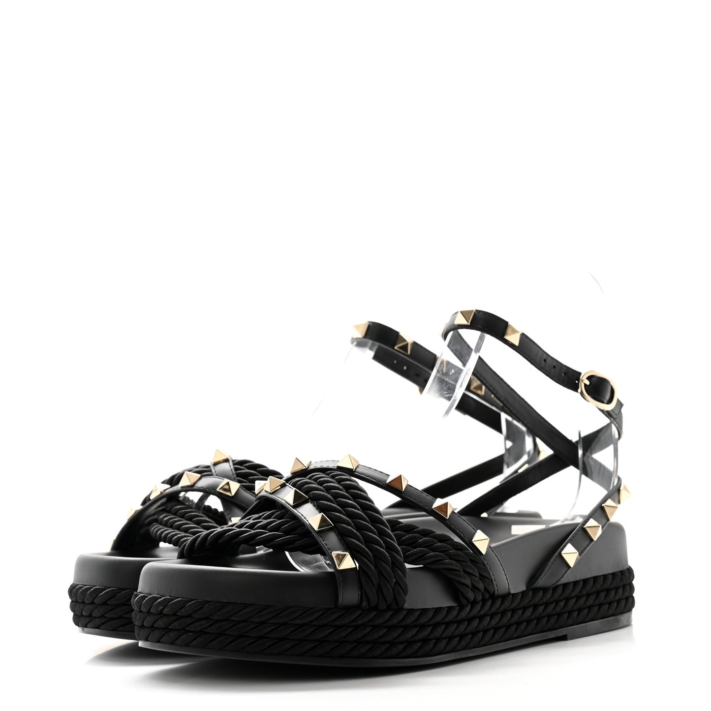 Calfskin Rockstud Torchon Flatform Espadrille Sandals 36 Black