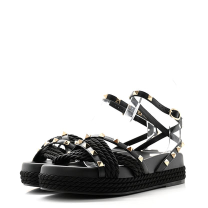 Valentino Garavani Calfskin Rockstud Torchon Flatform Espadrille Sandals 36 Black 3 of 8