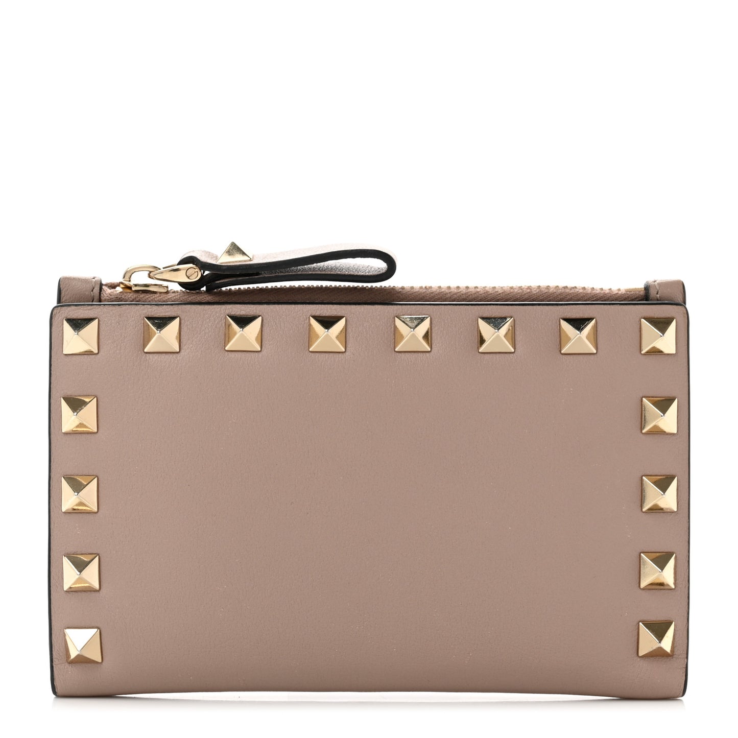 Calfskin Rockstud Card Holder with Zipper Poudre