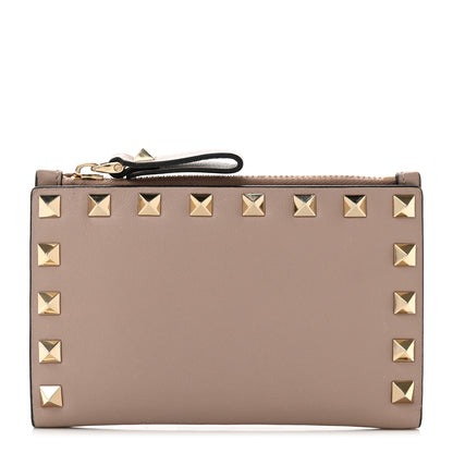 Valentino Garavani Calfskin Rockstud Card Holder with Zipper Poudre 1 of 6