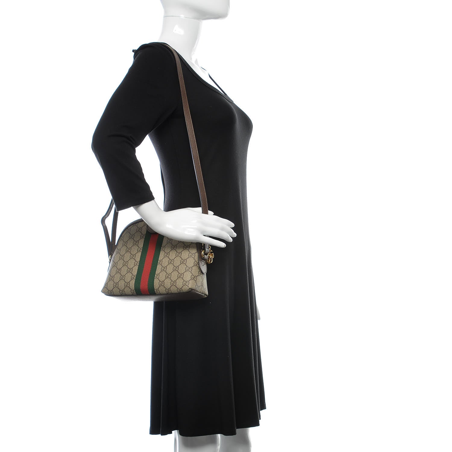 Gucci GG Supreme Monogram Textured Dollar Calfskin Web Small Ophidia Dome Shoulder Bag Beige Ebony New Acero 2 of 12