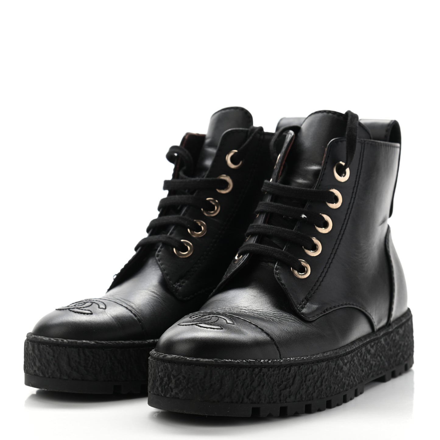 Calfskin CC Turnlock Lace Up Boots 35.5 Black