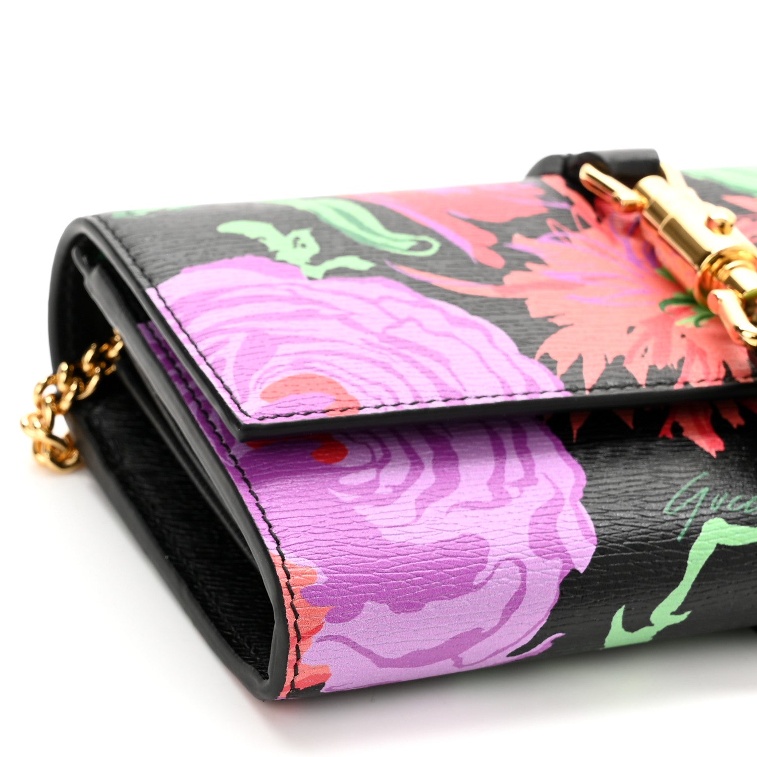 Gucci X KEN SCOTT New Shangai Calfskin Jenny Floral Print Jackie 1961 Chain Wallet Black Pink 9 of 10