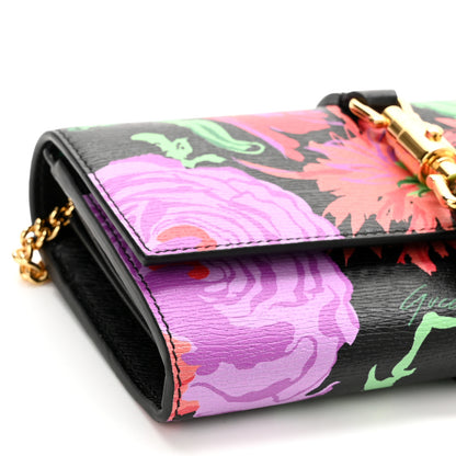 Gucci X KEN SCOTT New Shangai Calfskin Jenny Floral Print Jackie 1961 Chain Wallet Black Pink 9 of 10