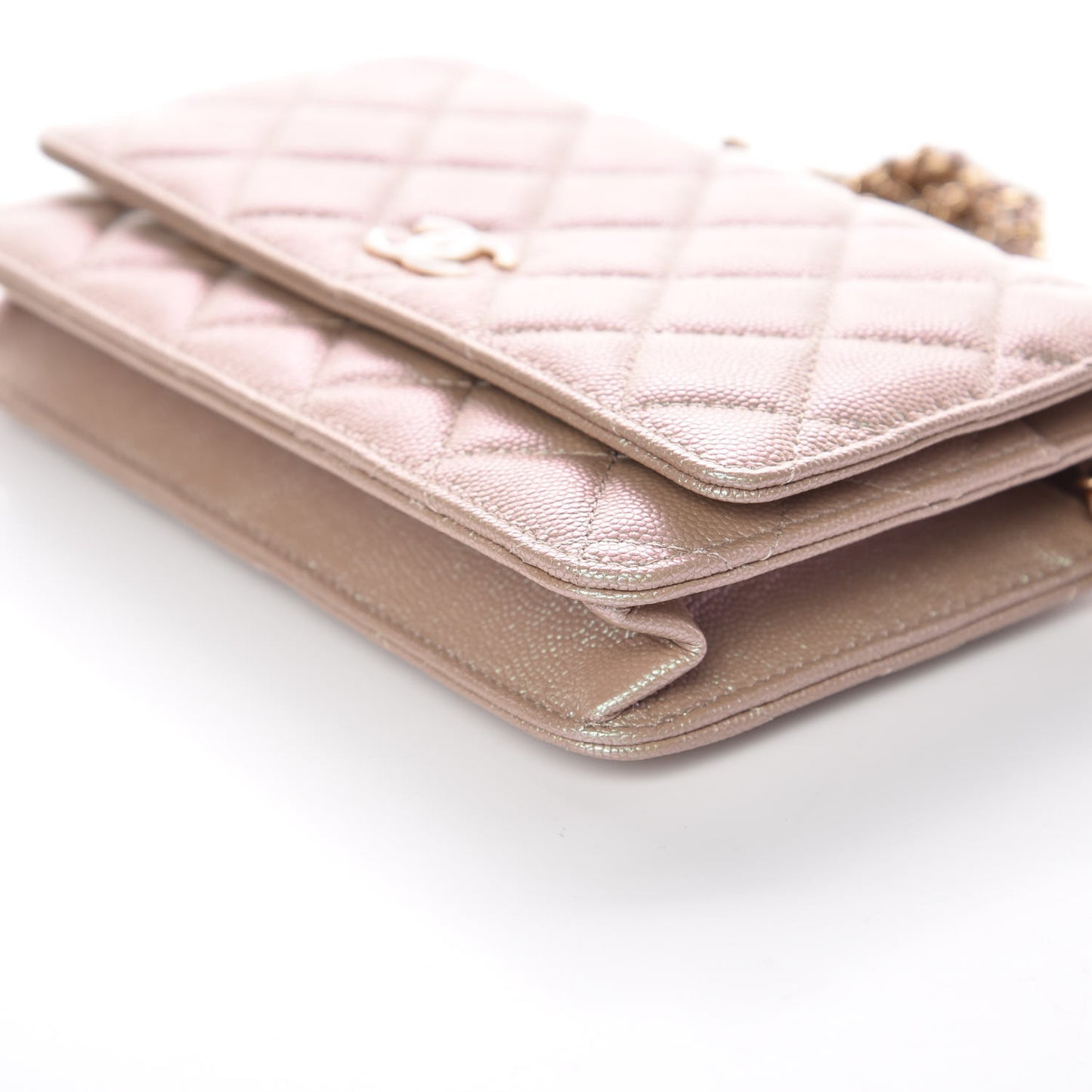 Iridescent Caviar Quilted Wallet On Chain WOC Beige