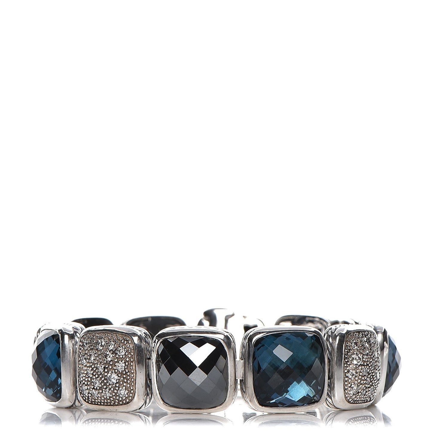 Sterling Silver Diamond Blue Topaz Hematite Chiclet One Row Bracelet