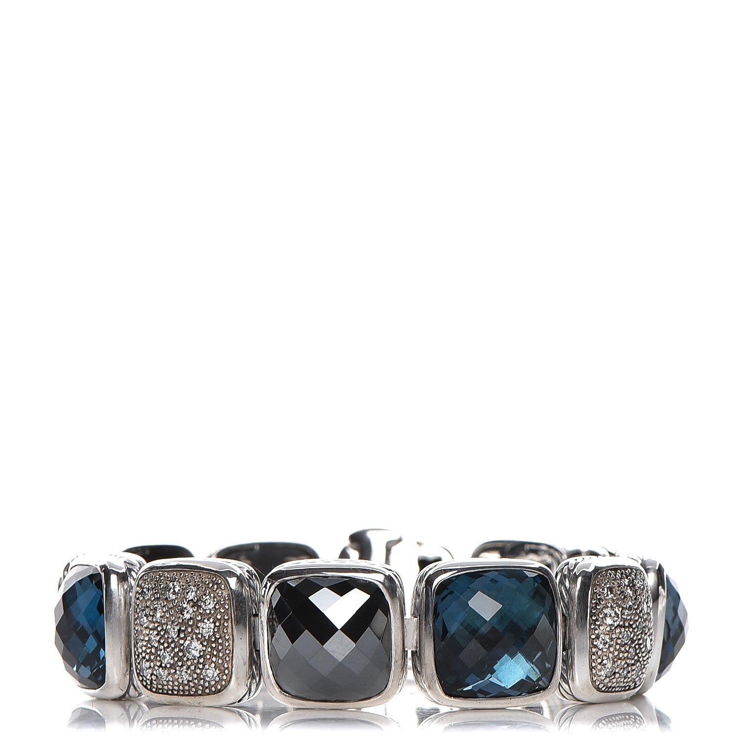 David Yurman Sterling Silver Diamond Blue Topaz Hematite Chiclet One Row Bracelet 1 of 5