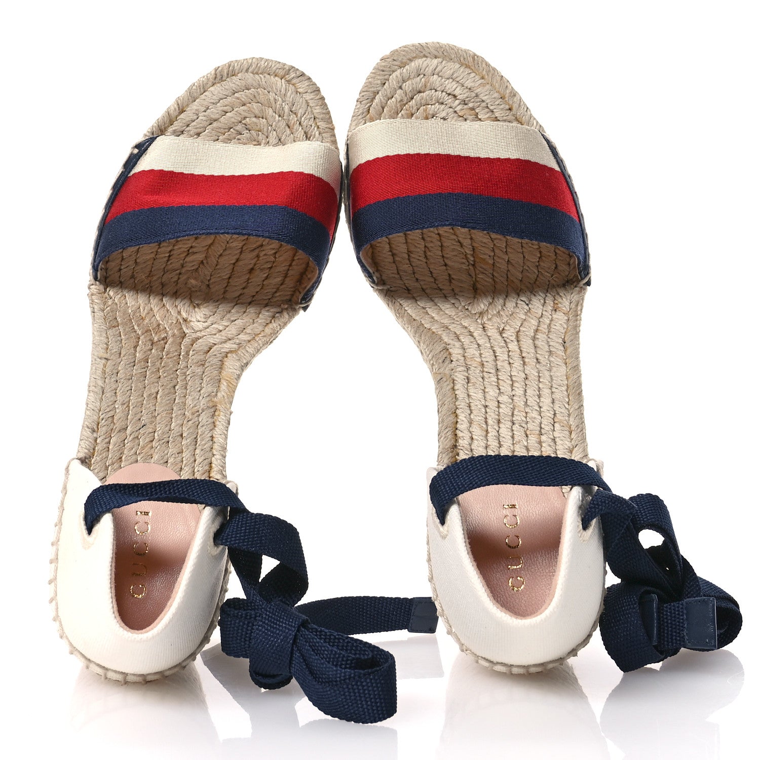 Gucci Canvas Sylvie Web Ankle Wrap Espadrille Wedge Sandals 38.5 Mystic White Hibiscus Red Maritime 2 of 9