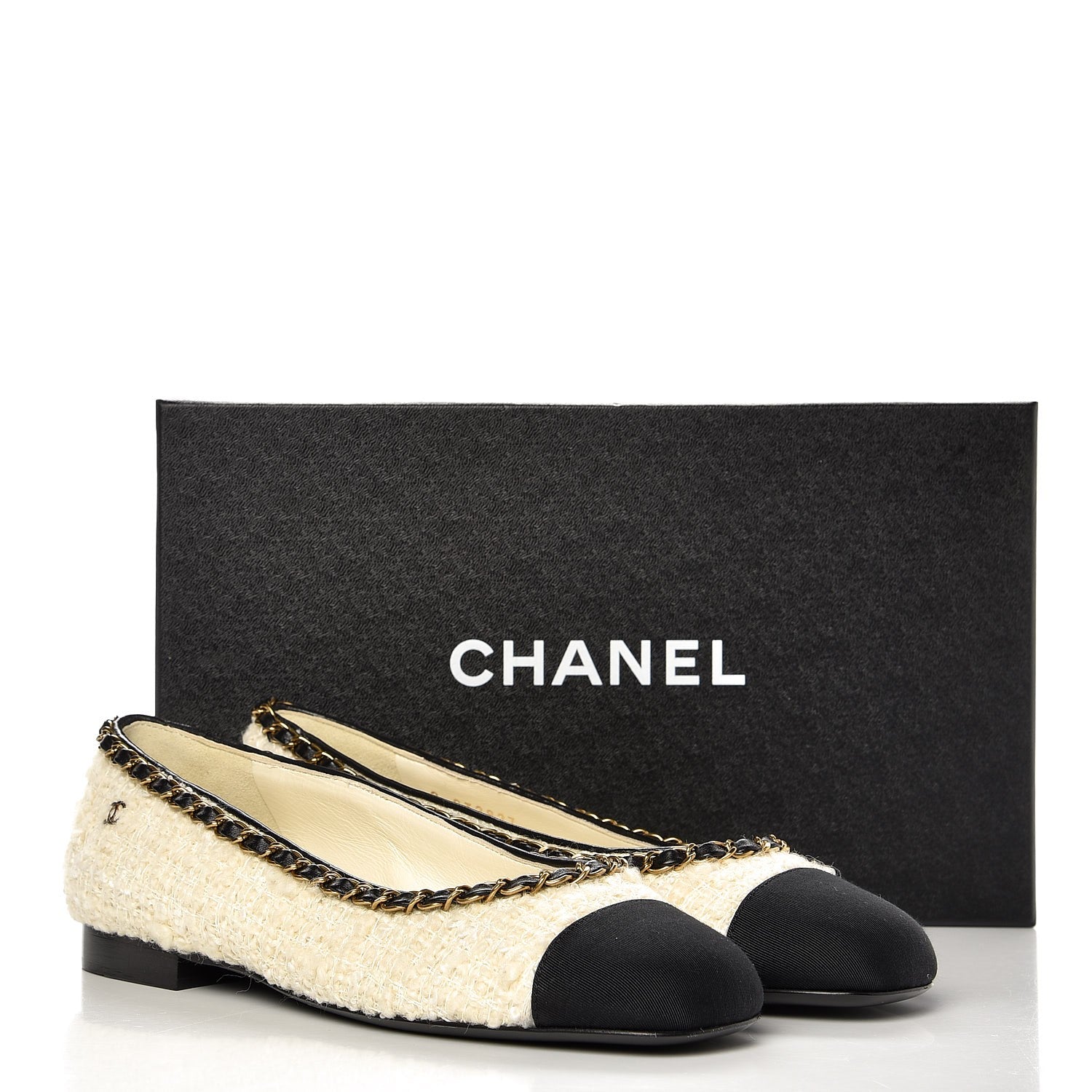Chanel Tweed Grosgrain Chained Cap Toe Ballerina Flats 37 Ivory Black 9 of 9