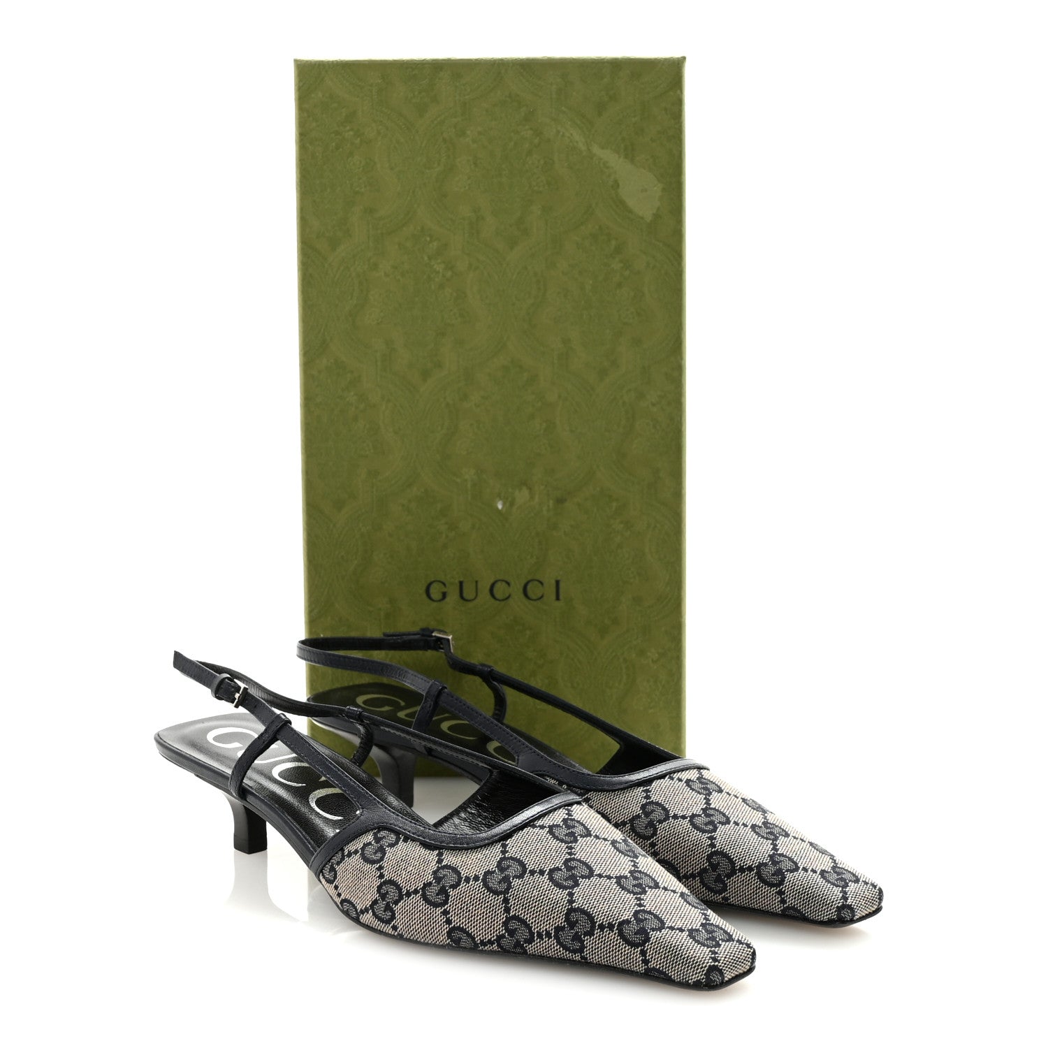 Gucci GG Monogram Malaga Kid Square G 35mm Slingback Pumps 39 Beige Blue 9 of 9