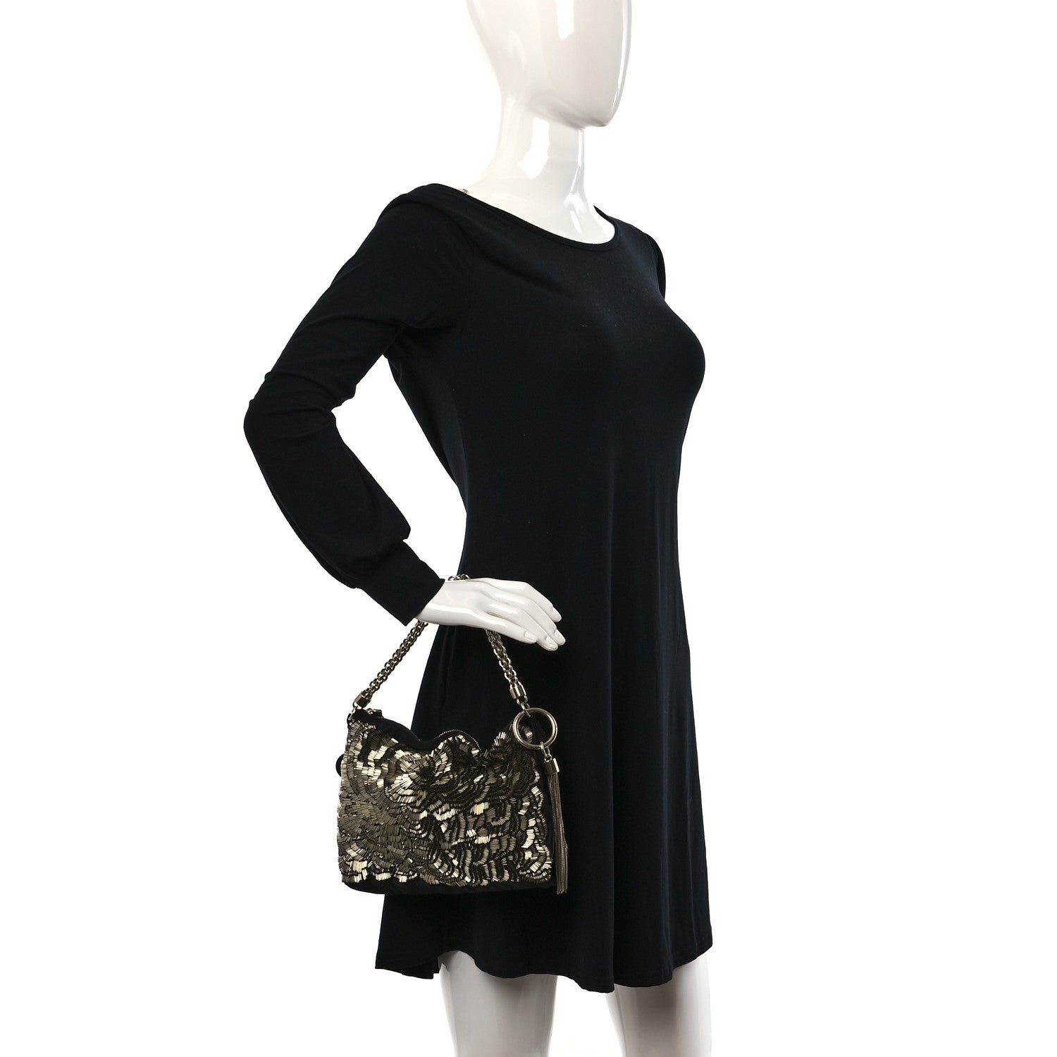 Jimmy Choo Silk Sequin Tassel Callie Shoulder Bag Black Gold 2 of 8