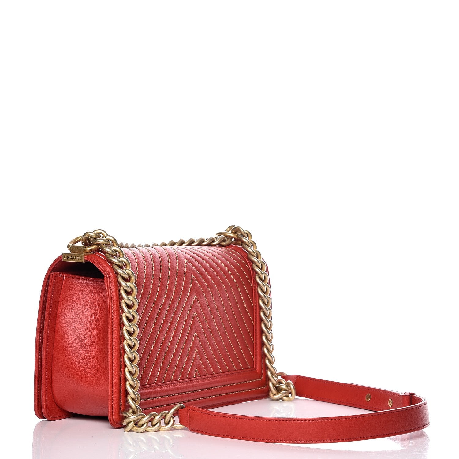 Chanel Lambskin Chevron Chain Stitched Medium Boy Flap Red 3 of 7