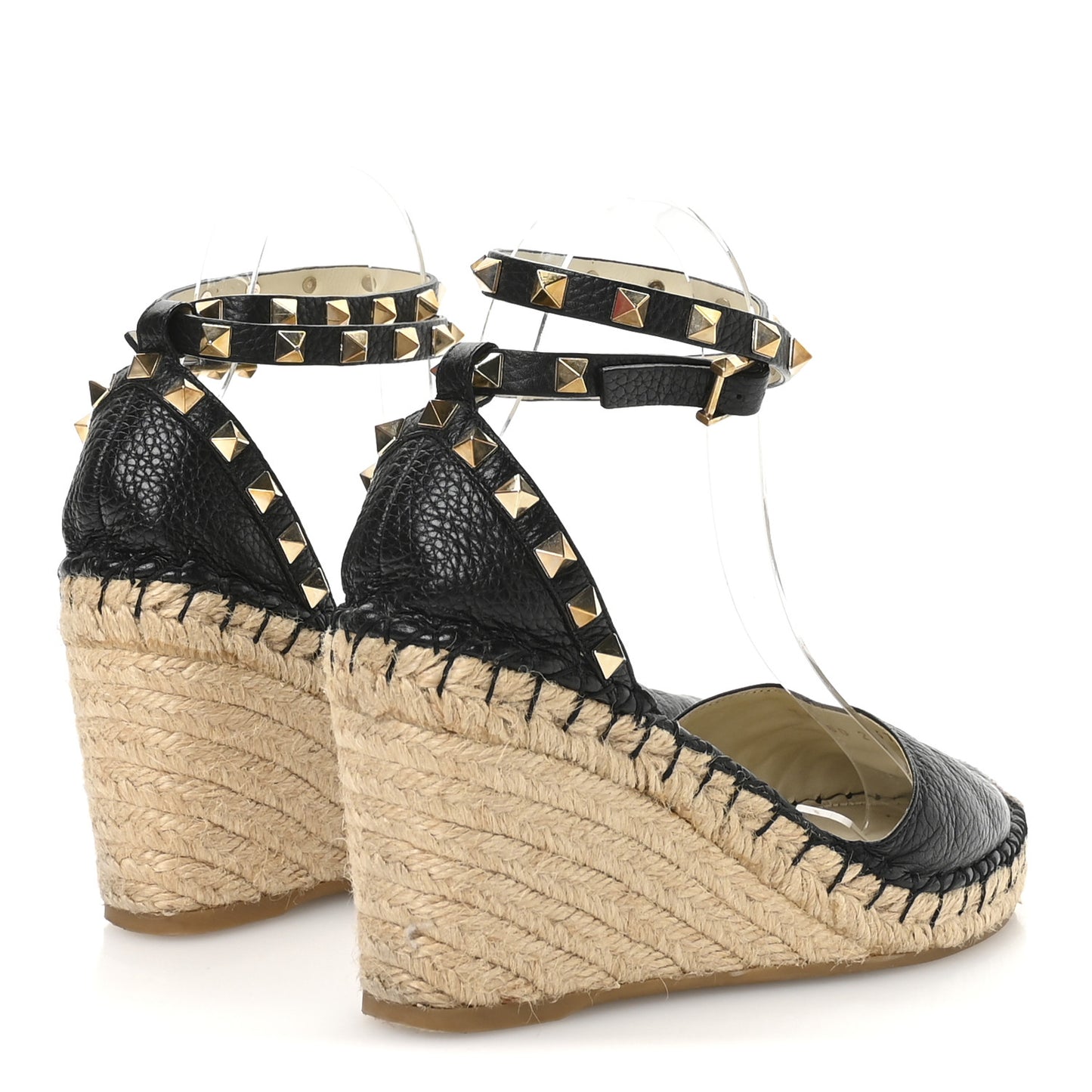 Grained Calfskin Rockstud Ankle Wrap Espadrille 15/85mm Wedges 38 Black Light Cuir