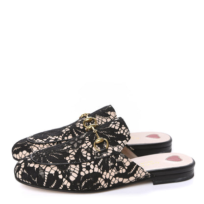 Gucci Lace Malaga Kid Womens Princetown Slippers 35.5 Black Skin Rose 3 of 9