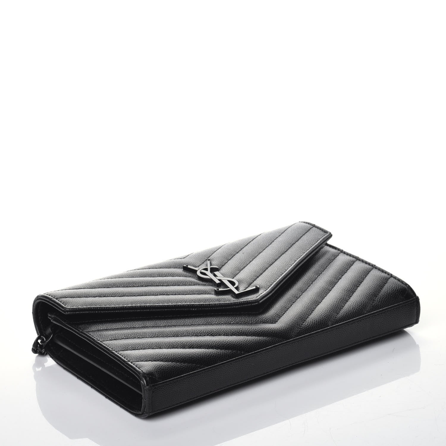 Saint Laurent Grain De Poudre Matelasse Chevron Monogram Chain Wallet Black 4 of 8