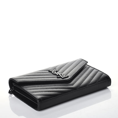 Saint Laurent Grain De Poudre Matelasse Chevron Monogram Chain Wallet Black 4 of 8