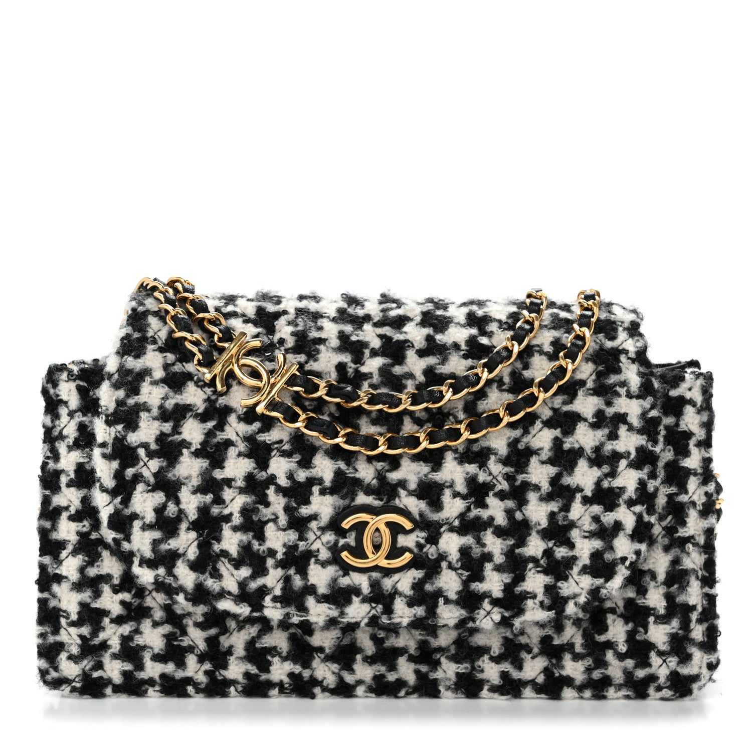Chanel Tweed Houndstooth Quilted Phone Holder Flap White Black 1 of 9