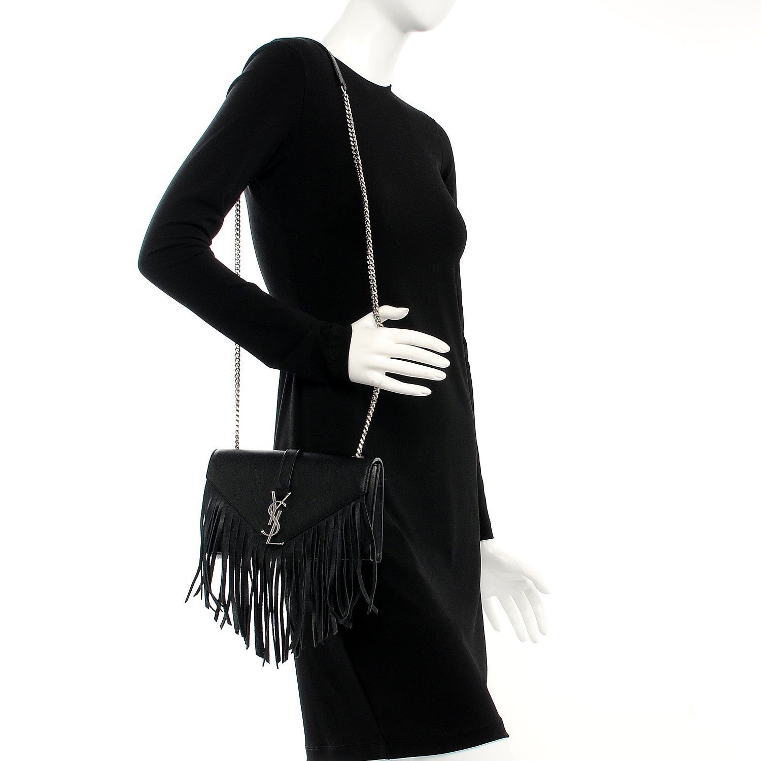 Saint Laurent Calfskin Fringe Small Monogram Satchel Black 2 of 9