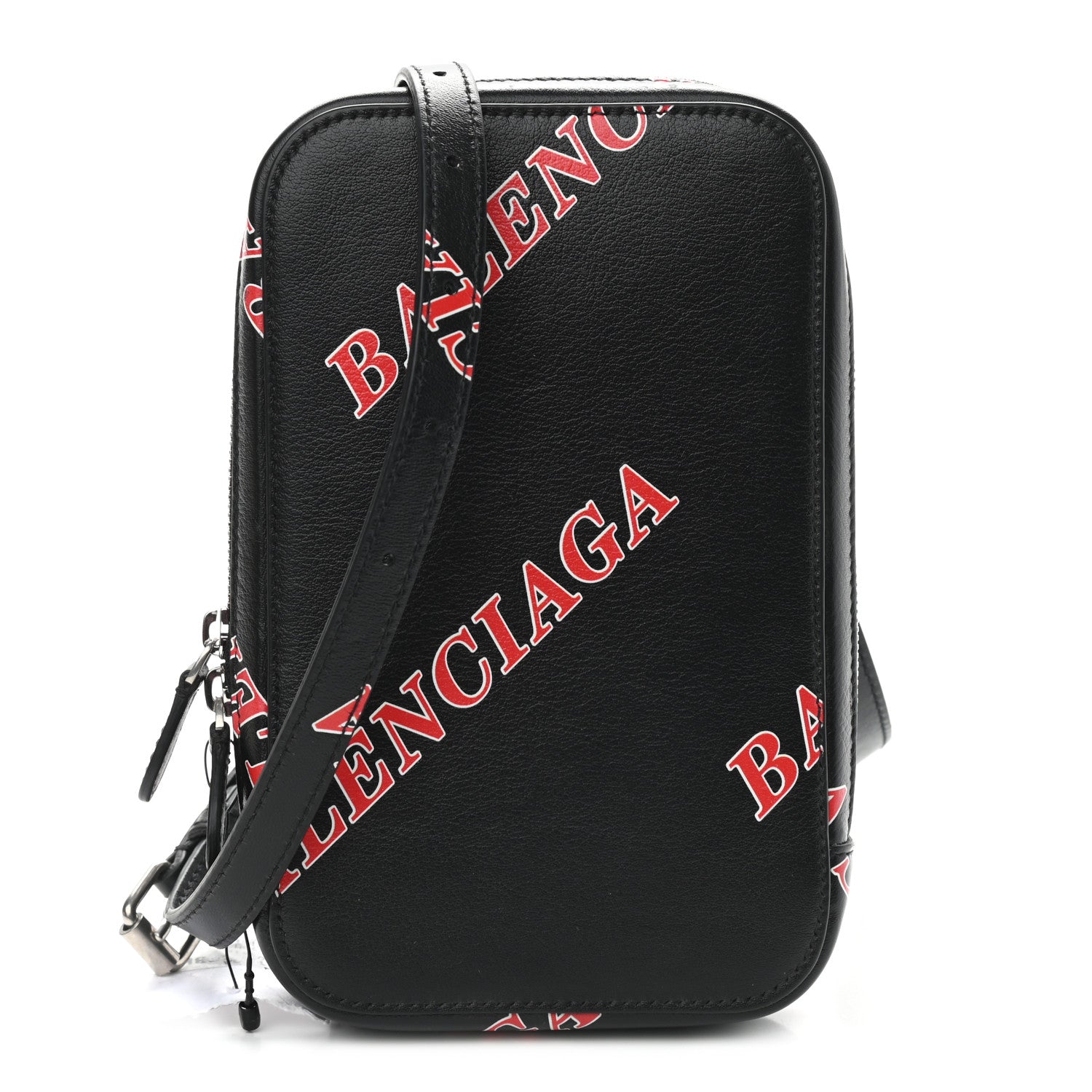 Balenciaga Calfskin Logo Print Cash Phone Holder Bag Black Red 1 of 8