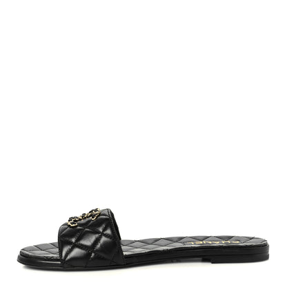 Chanel Shiny Goatskin Quilted CC Mules Sandals 39.5 Black 1 of 10