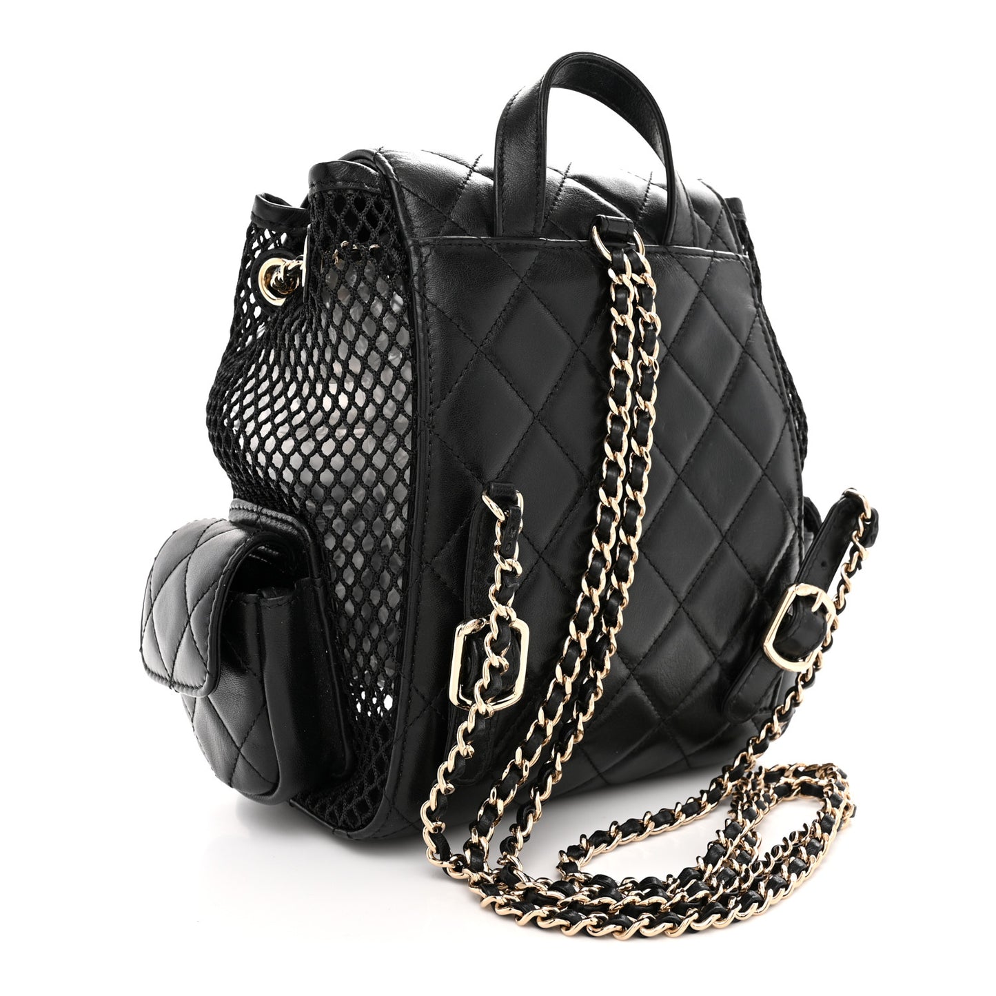 Shiny Lambskin Mesh Quilted Small Cargo Duma Drawstring Backpack Black