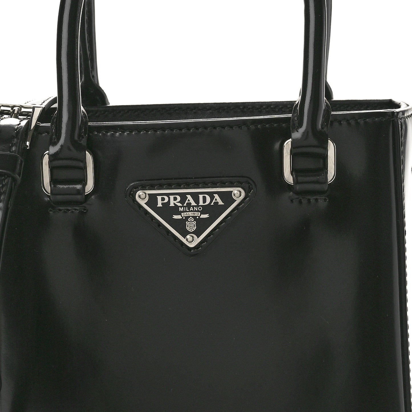 Spazzolato Metal Triangle Logo Small Double Handle Crossbody Tote Black