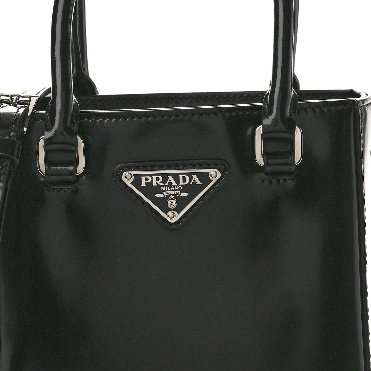 Prada Spazzolato Metal Triangle Logo Small Double Handle Crossbody Tote Black 8 of 10