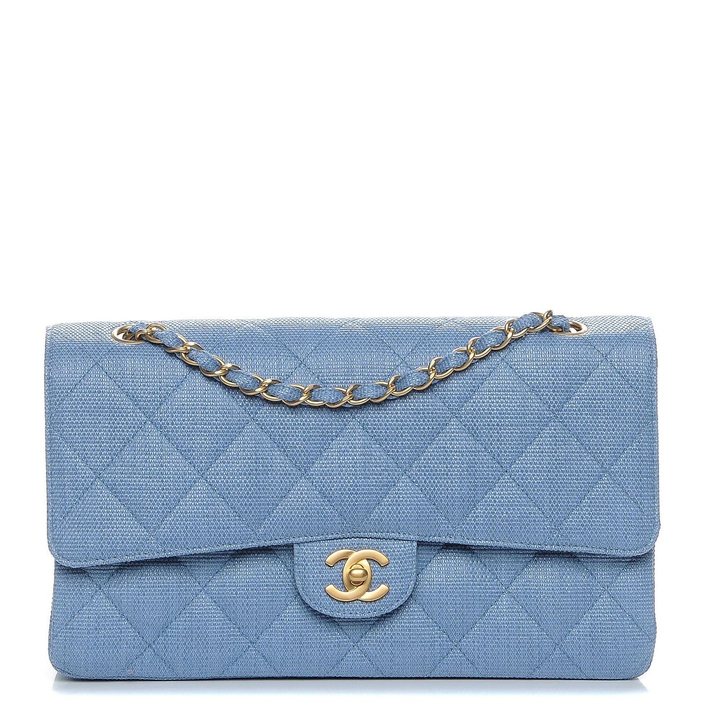 Woven Raffia Straw Quilted Medium Double Flap Blue