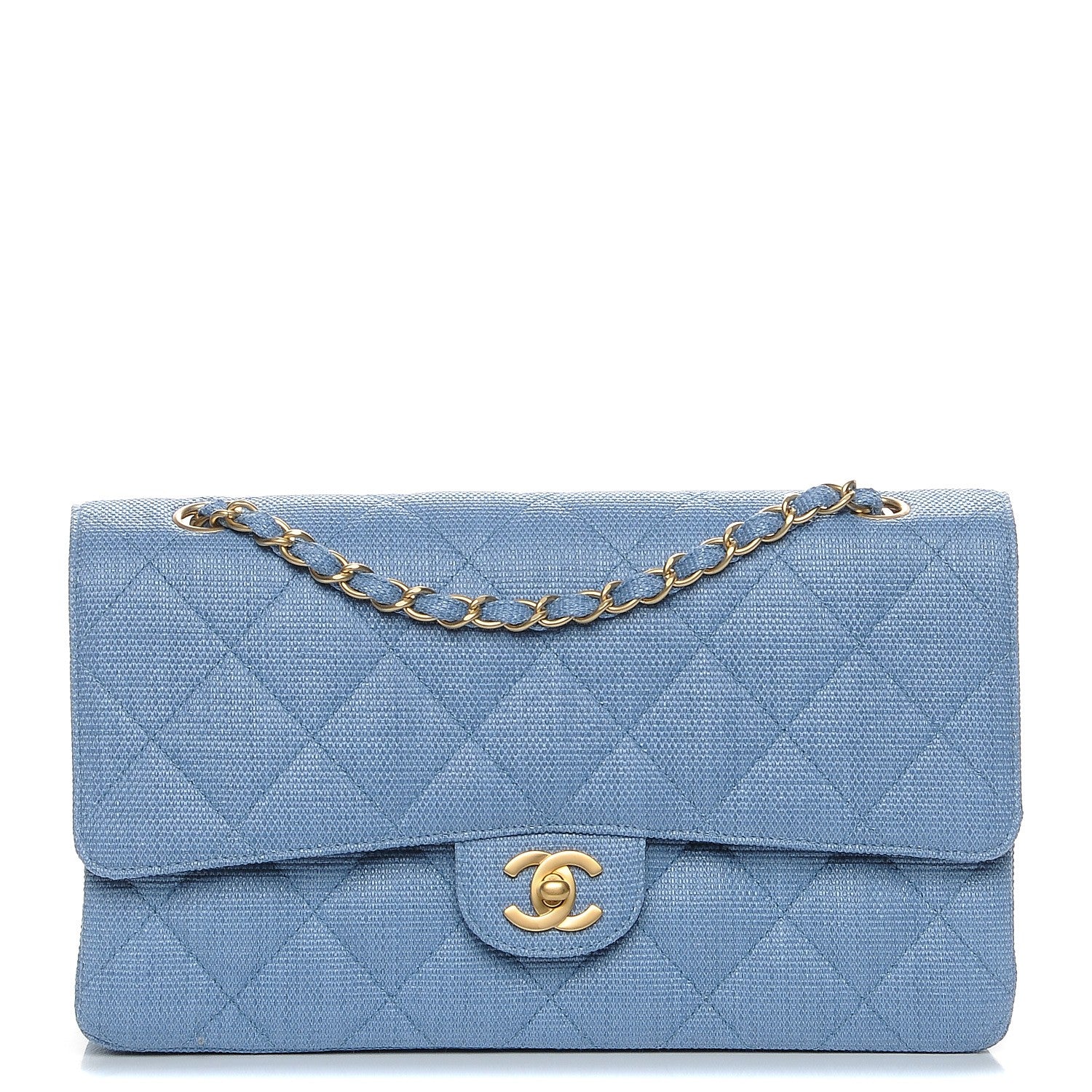 Chanel Woven Raffia Straw Quilted Medium Double Flap Blue 1 of 7