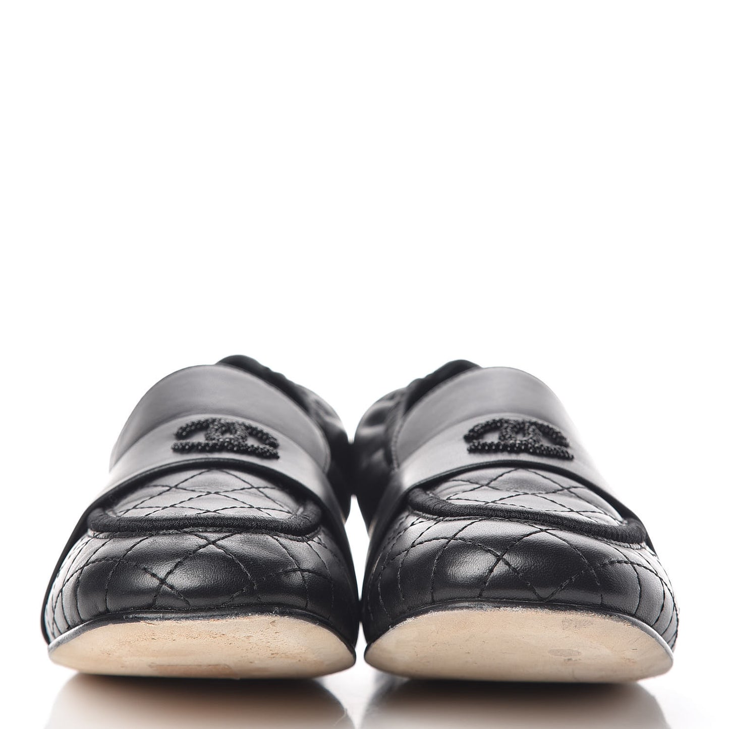 Laminated Lambskin Womens Quilted Elastic CC Moccasin Loafers 37.5 Black