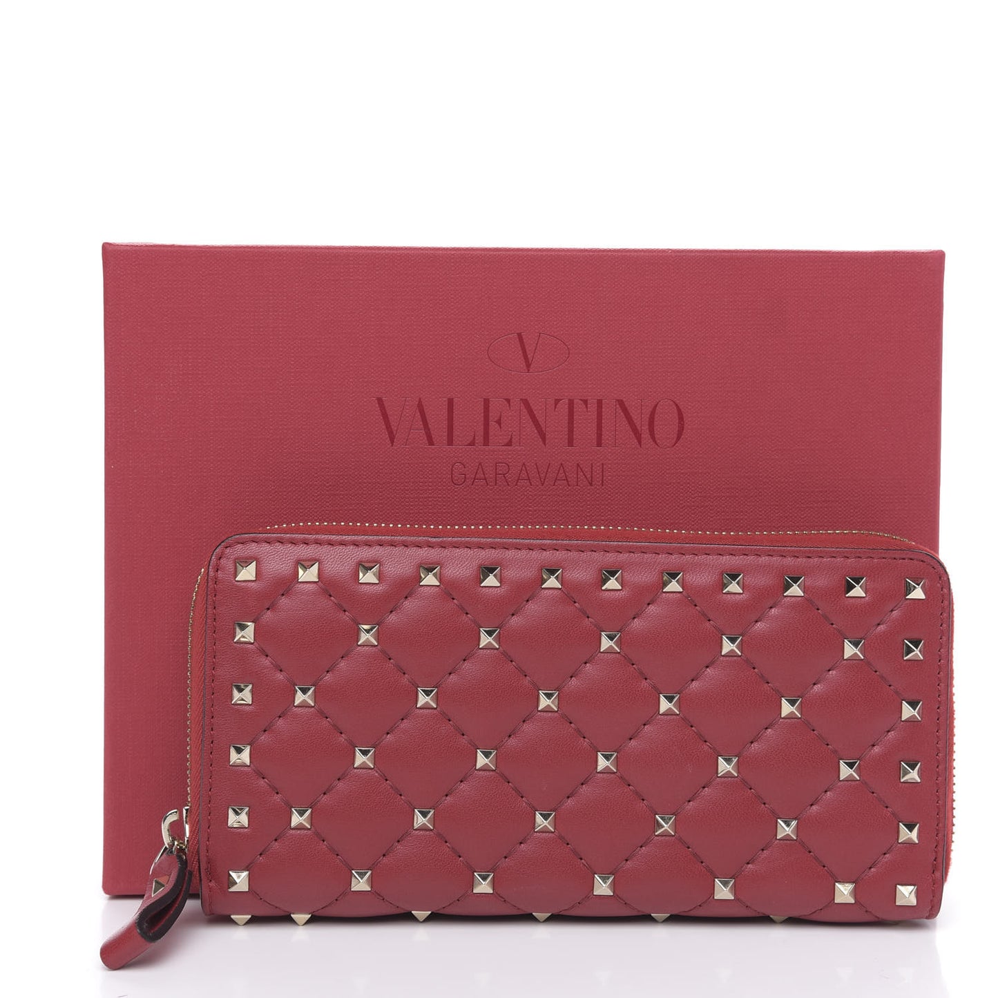 Lambskin Rockstud Spike Zip Around Wallet Red