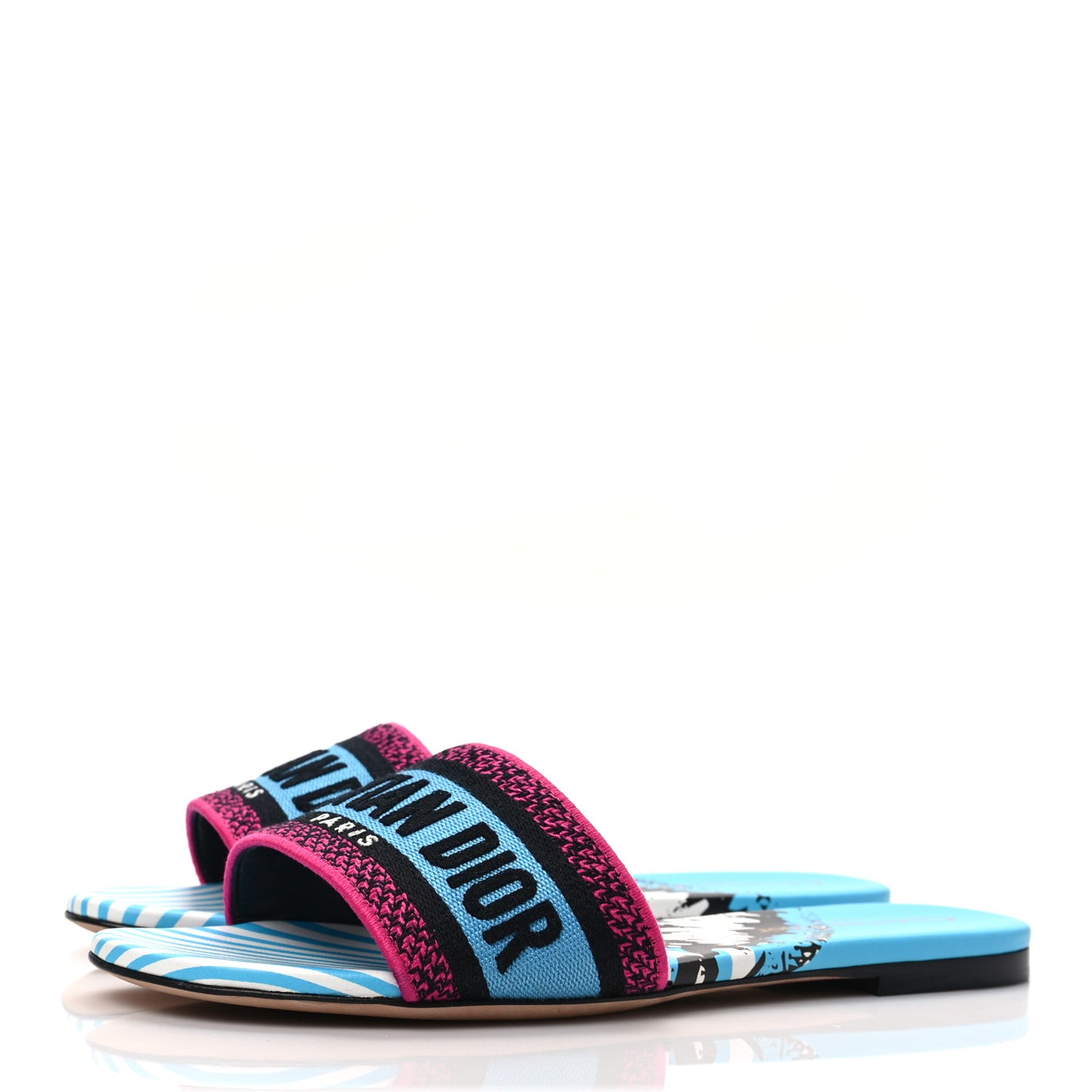 Canvas D-Jungle Pop Embroidered Dway Flat Slide Sandals 38.5 Bright Blue Pink Multicolor