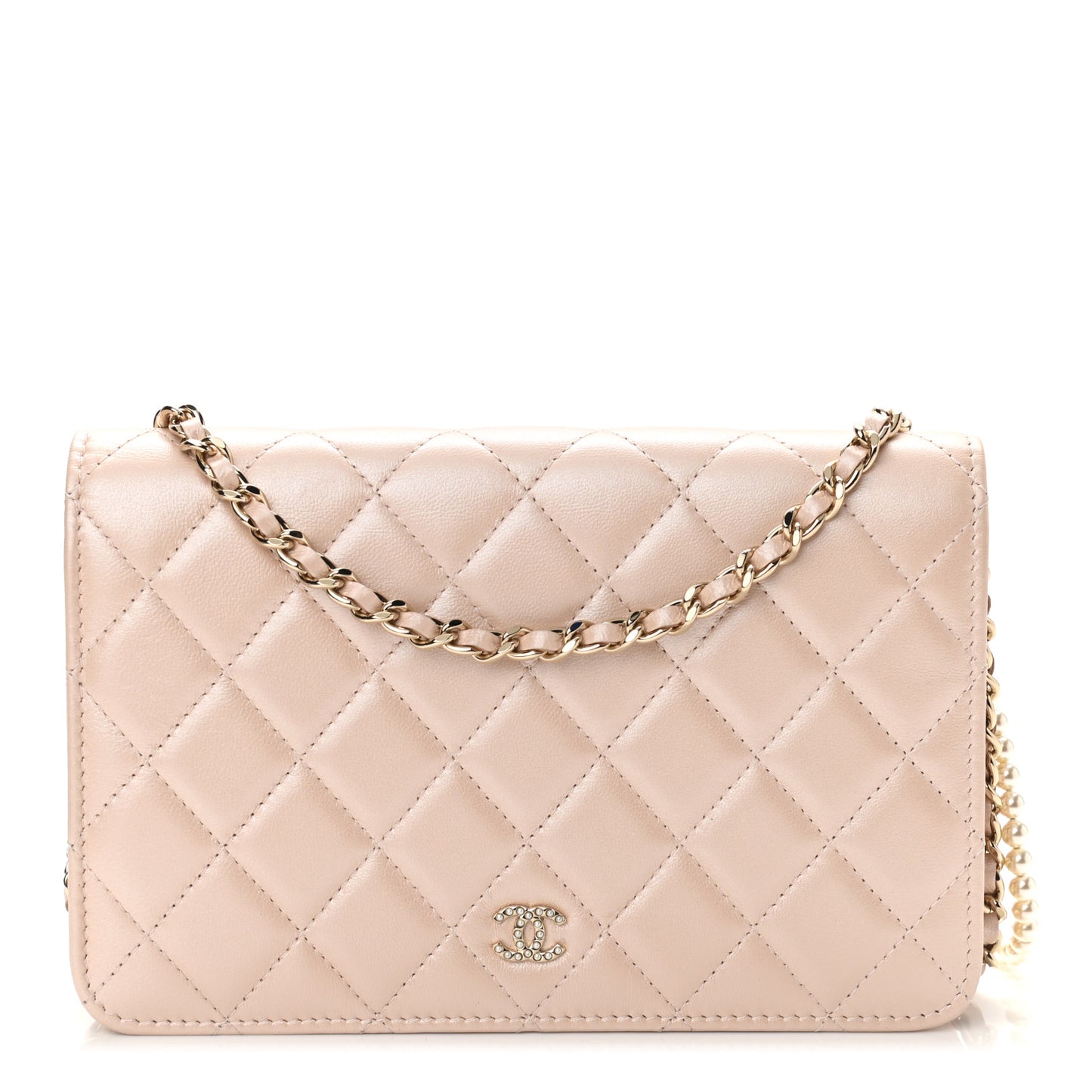 Iridescent Lambskin Quilted Pearl Wallet On Chain WOC Light Beige