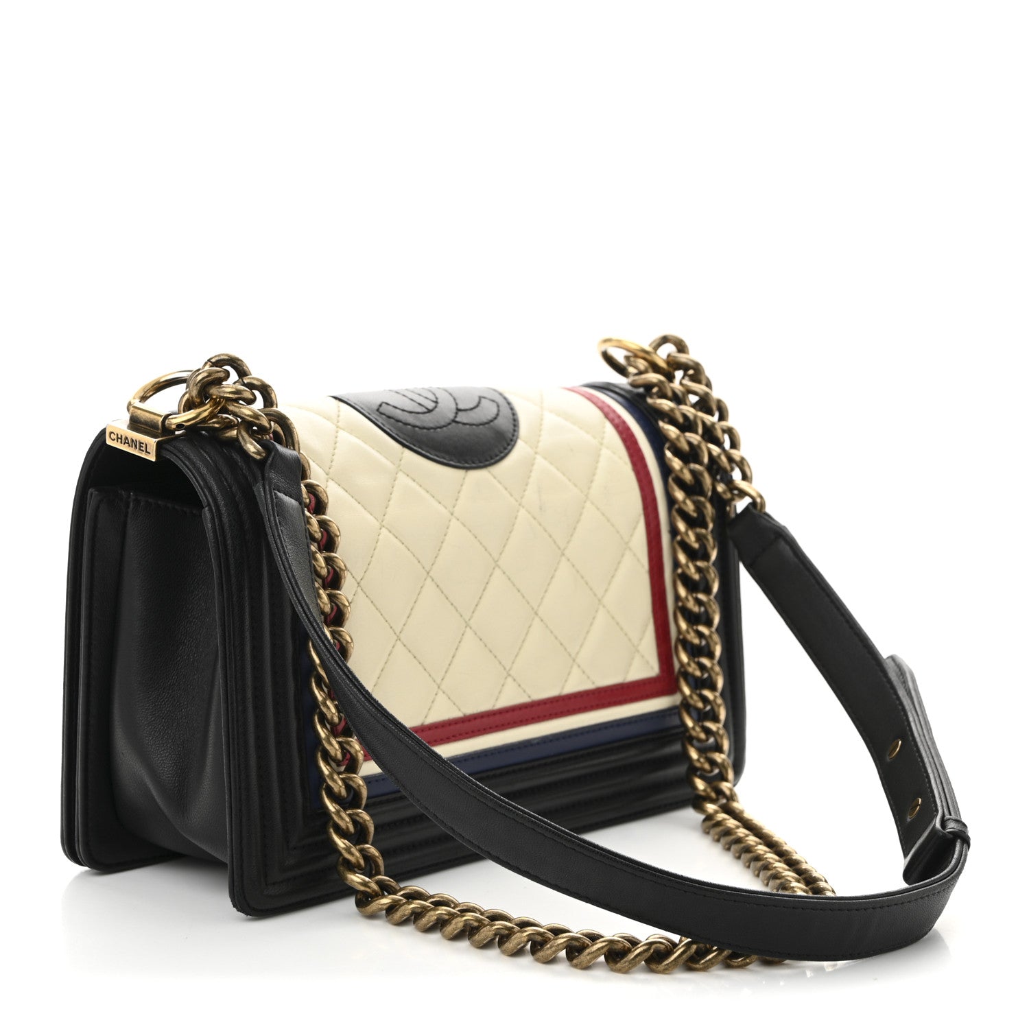 Chanel Lambskin Quilted Crest Embellished Medium Boy Flap Black White Blue 3 of 10