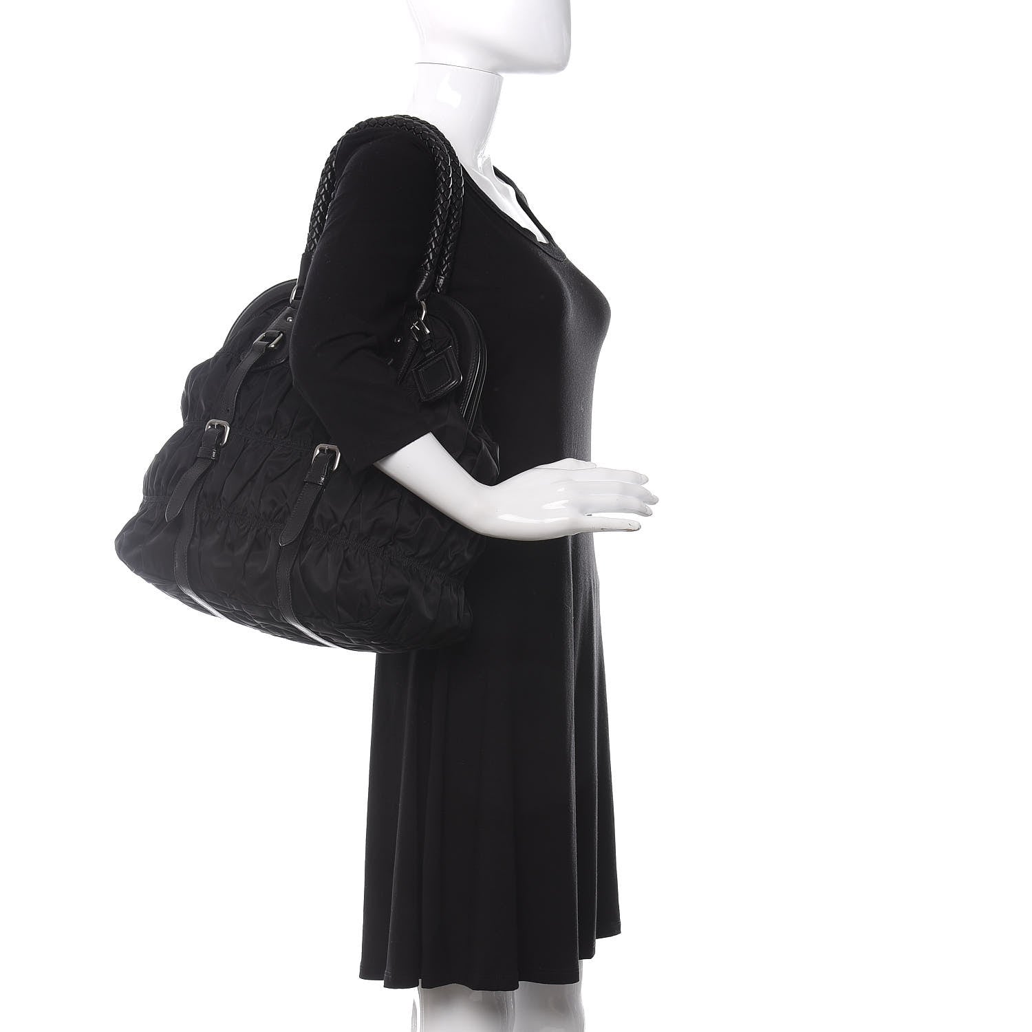 Prada Tessuto Nylon Nappa Braided Gaufre Frame Tote Black 2 of 12