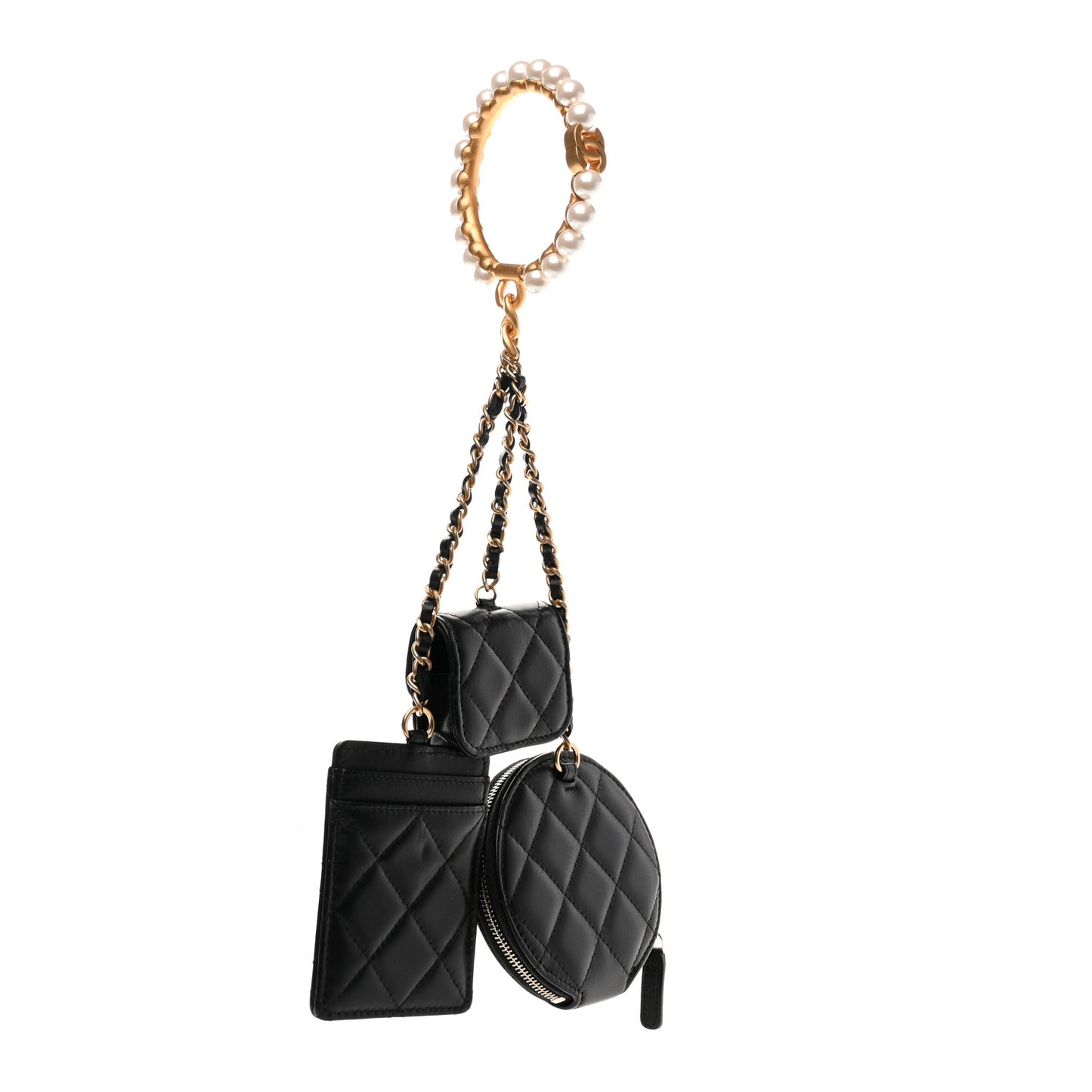 Pearl Lambskin Pearl Crown CC Wristlet Multi Pouches Black