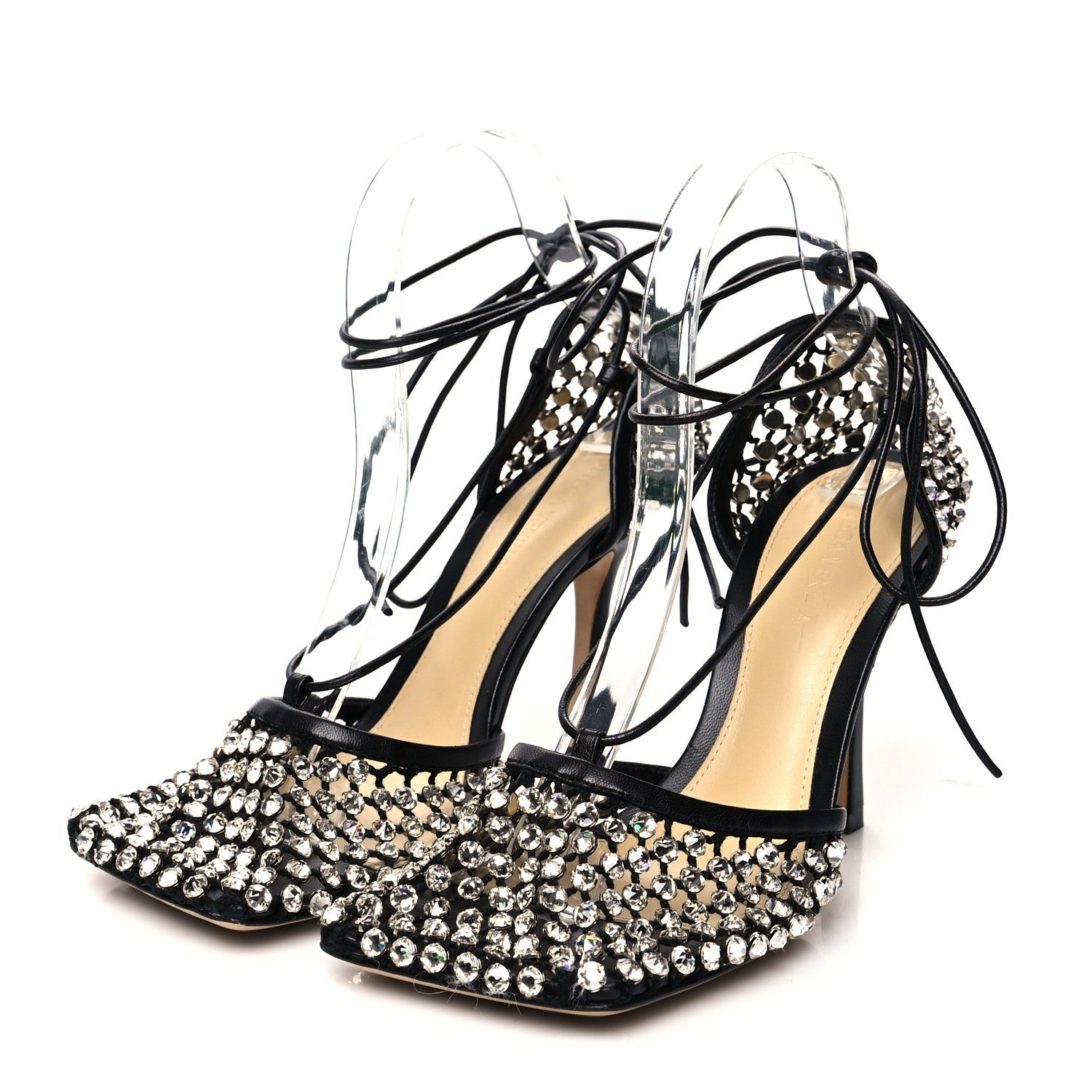 Bottega Veneta Mesh Nappa Crystal Embellished Sparkle Stretch Ankle Tie Sandals 38 Black 3 of 9