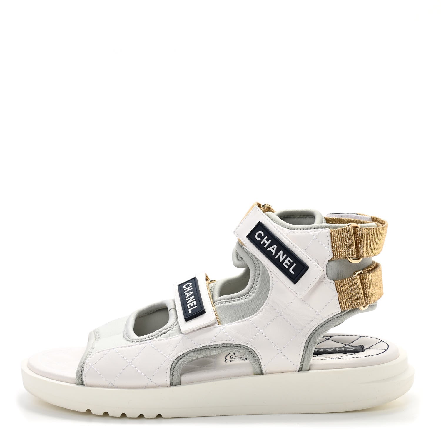 Chanel Goatskin Fabric Gladiator Sandals 38.5 White Light Grey Navy Blue 1 of 8