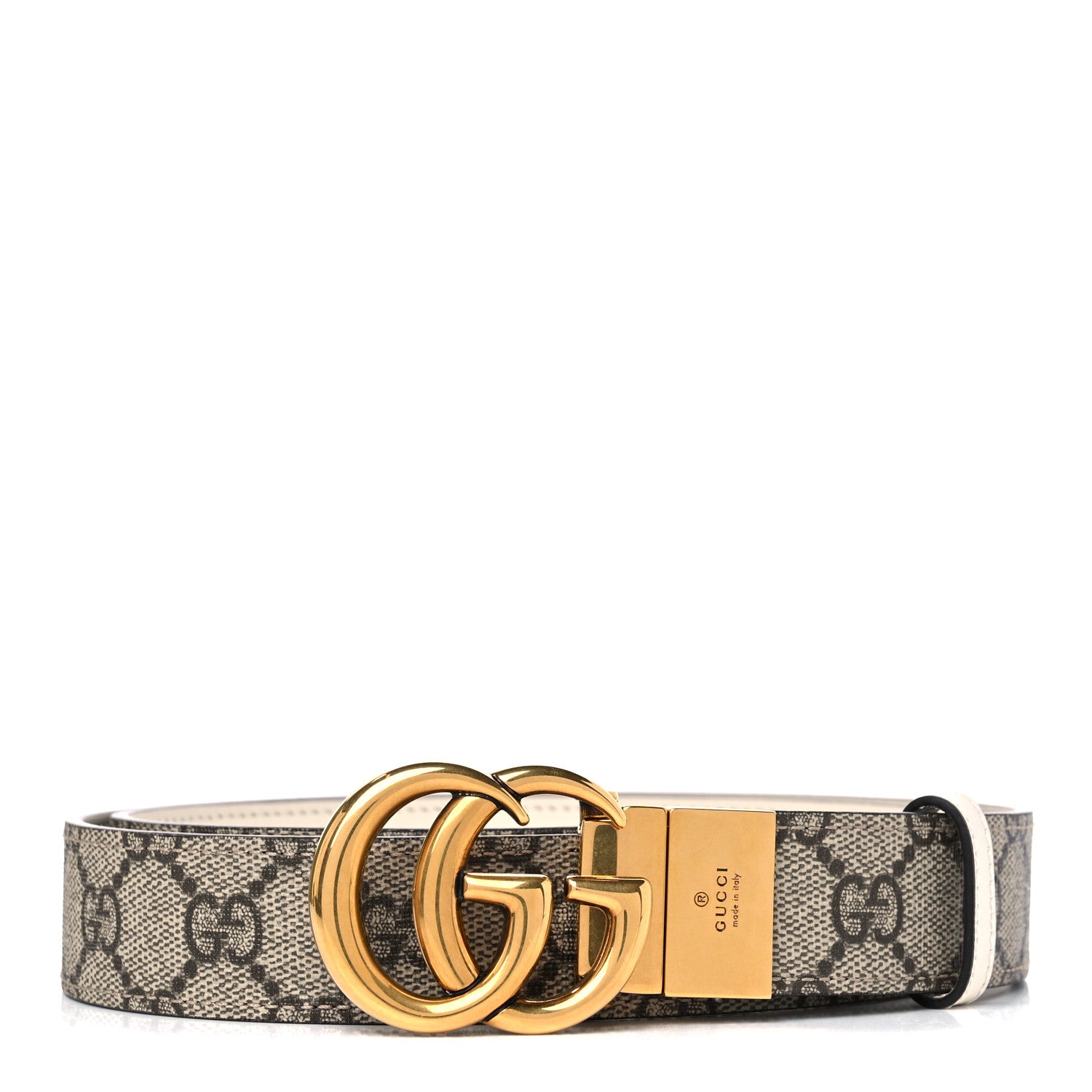 Gucci GG Supreme Monogram Plutone Calfskin Double G Reversible 30mm Belt 95 38 Beige Ebony Mystic White 1 of 5